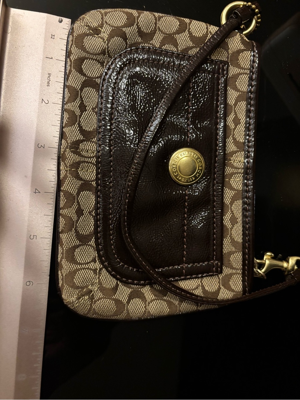 Coach Signature Jacquard Patent Leather Wristlet | Brown Tan Gold Hardware - Picture 2 of 5